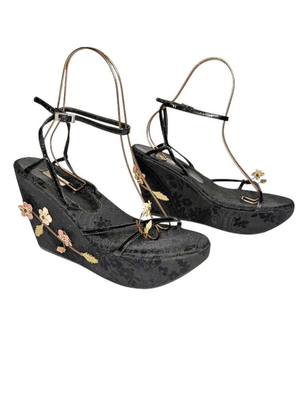 Prada Archival SS 1997 Runway Floral Jacquard Satin Platform Wedge Sandals EU 41